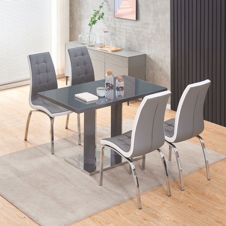 Ivy Bronx Grey Glass And Grey High Gloss Rectangle Dining Table Set 4 Faux Leather Chairs Wayfair